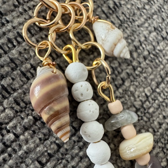 Gold and White Beaded Seashell Bag Charm Keychain with Real Shells - Picture 3 of 3